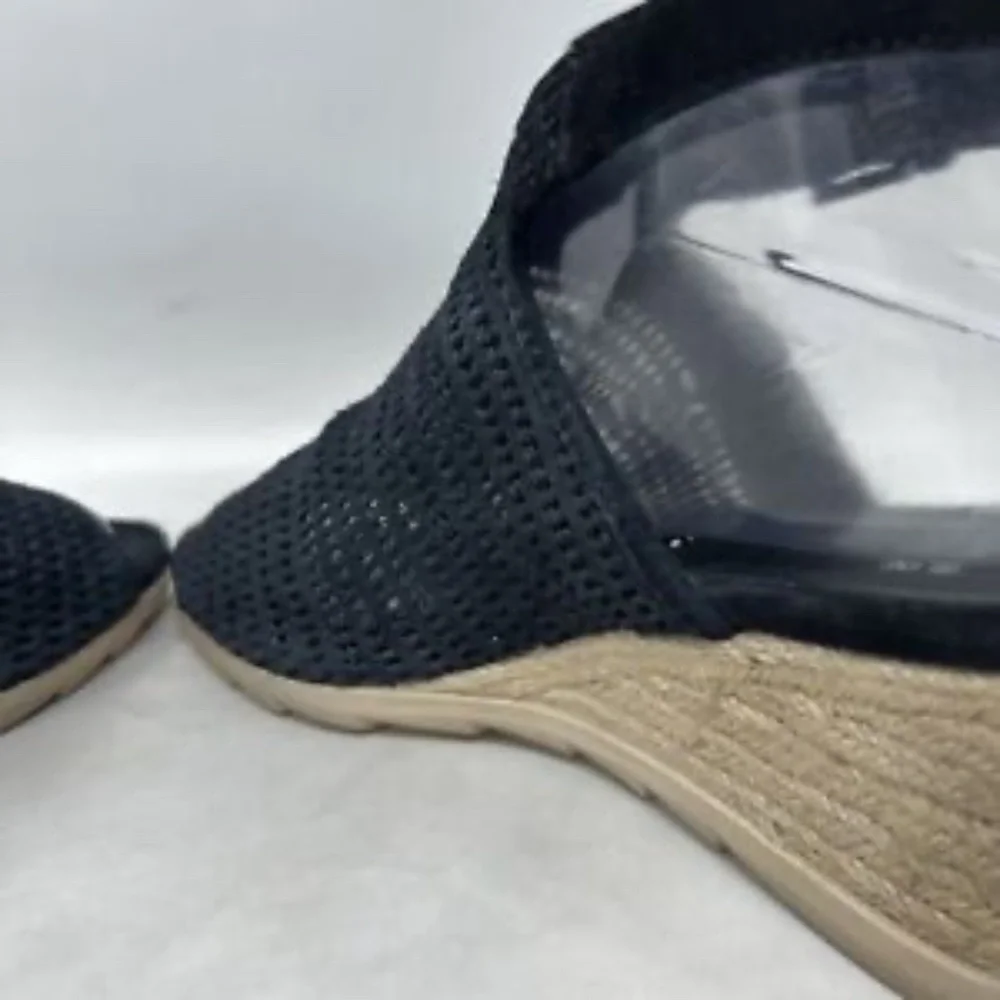 Eileen Fisher Winnie Black Leather Espadrille Wedge Sandal US 8